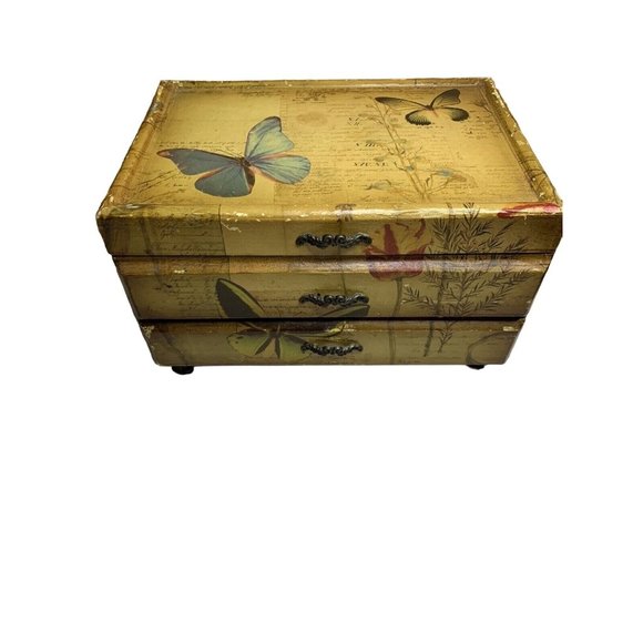 Decoupaged w/butterflies Wood Box with Drawer 10 1/2” x 7 1/4” x 6 1/2”Lined - Picture 1 of 12